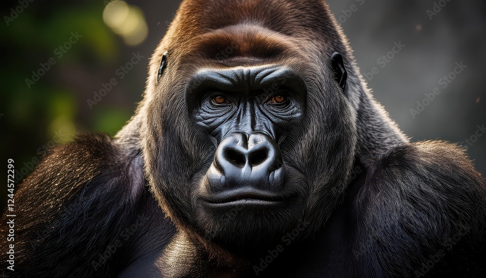Striking Portrait of a Majestic Gorilla in the Misty Jungle, Depicting Power and Tranquility amidst the Lush Green Wilderness Striking Portrait of a Majestic Gorilla in the Misty Jungle, Depicting Power and Tranquility amidst the Lush Green Wilderness