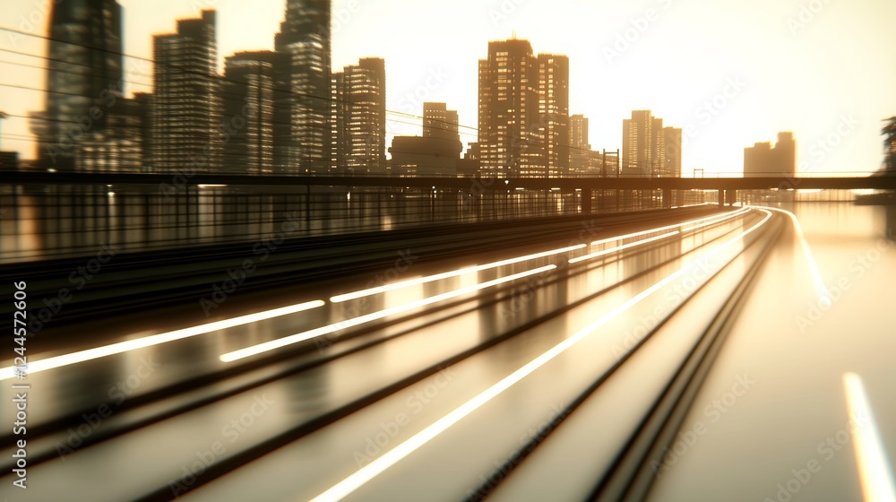 Fototapeta premium Cityscape at sunset with light trails on a highway. Golden hour, urban scene, speed, transportation.
