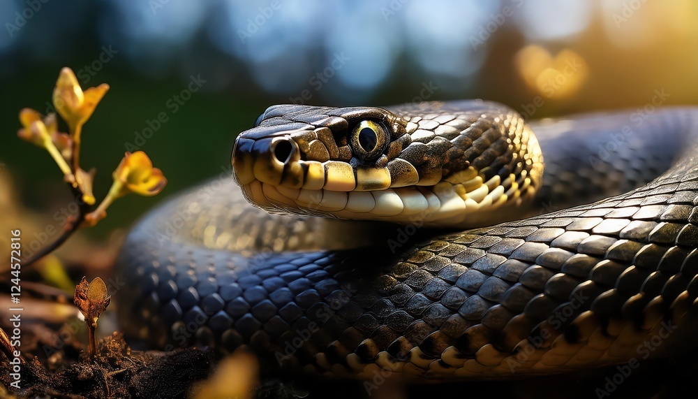 Vibrant Green Grass Snake Slithers through a Lush and Moist Emerald Forest, Capturing the Enigmatic Beauty of Natures Camouflage Artist Vibrant Green Grass Snake Slithers through a Lush and Moist Emerald Forest, Capturing the Enigmatic Beauty of Natures Camouflage Artist
