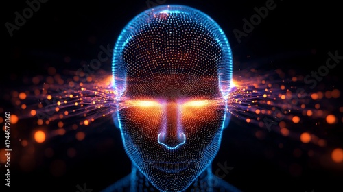 An abstract depiction of a human head dissolving into tiny particles, revealing a glowing core full of anxiety and self-doubt battling with inner truth photo