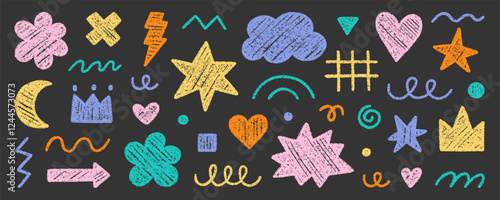 Abstract geometric shapes and forms, chalk pencil doodle set. Crayon modern figures, brush crown, stars, arrow in sketch style. Hand drawn vector illustration isolated on white background