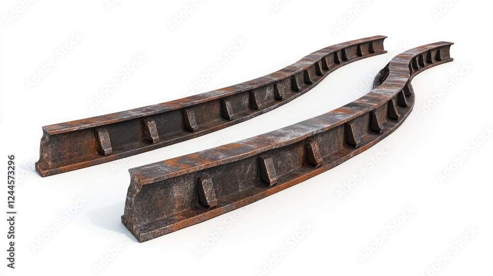 Rusty Tracks: A close-up shot of two weathered, rusty metal tracks, once vital components of a railway line, lie horizontally. This photo illustrates the passage of time, strength. Rusty Tracks: A close-up shot of two weathered, rusty metal tracks, once vital components of a railway line, lie horizontally. This photo illustrates the passage of time, strength.
