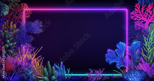 A glowing neon frame featuring underwater elements such as coral and sea plants, glowing in vibrant purple, blue, green, and pink on a dark background. Delicate light effects create an ethereal atmosp photo