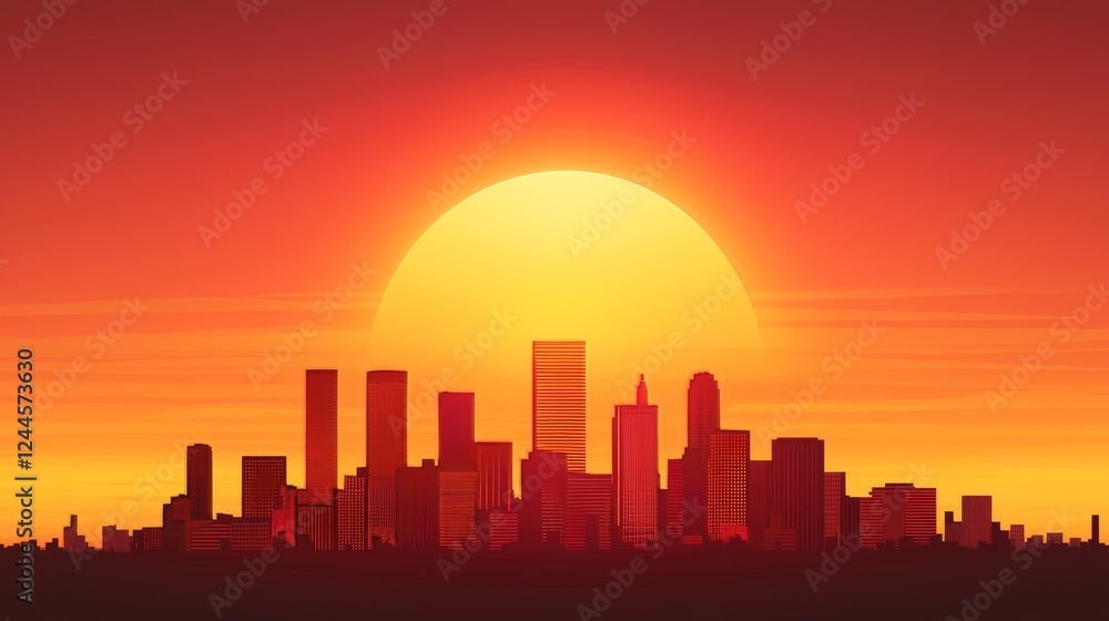 Fototapeta premium Artistic cityscape silhouette, hand-drawn aesthetic with detailed rooftop designs, reflecting urban vibes under a vivid sunset gradient sky