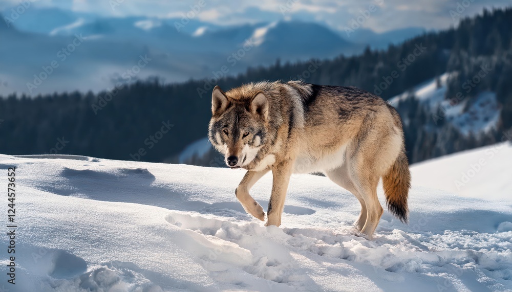 Naklejka premium Majestic Gray Wolf Frosted Against Snowy Peaks A Stark Contrast of Wild Beauty and Arctic Majesty Amidst a Winter Mountain Landscape
