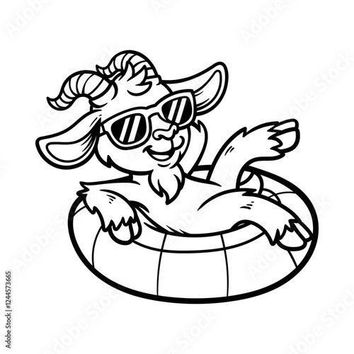 fun cartoon goat on swimming buoy balloon mascot isolated drawing line style sketch classic vintage design illustration