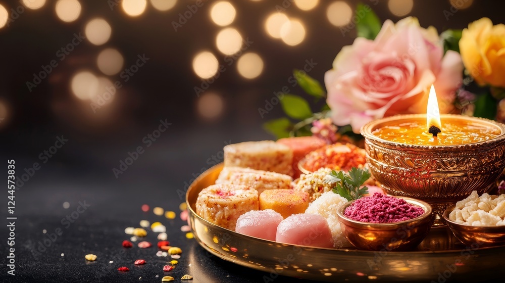 Artistic composition of a Bhai Dooj thali featuring handcrafted diya, vibrant kumkum tikka, assorted mithai, and fresh flowers on a golden platter Artistic composition of a Bhai Dooj thali featuring handcrafted diya, vibrant kumkum tikka, assorted mithai, and fresh flowers on a golden platter