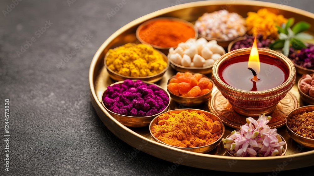 Artistic composition of a Bhai Dooj thali featuring handcrafted diya, vibrant kumkum tikka, assorted mithai, and fresh flowers on a golden platter Artistic composition of a Bhai Dooj thali featuring handcrafted diya, vibrant kumkum tikka, assorted mithai, and fresh flowers on a golden platter