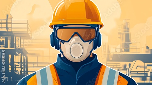 Close-up portrait of an industrial worker wearing safety gear in a factory setting photo