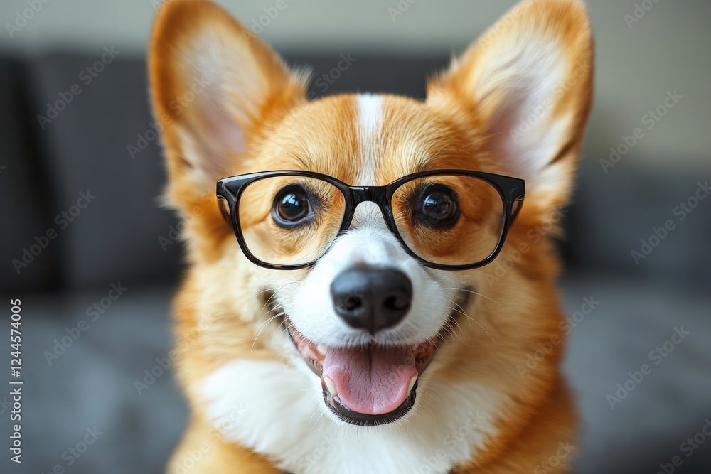 Corgi wearing glasses smiling happily indoors on a cozy couch