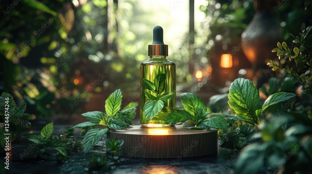 A glass dropper bottle filled with green liquid, surrounded by lush foliage in a serene setting. A glass dropper bottle filled with green liquid, surrounded by lush foliage in a serene setting.