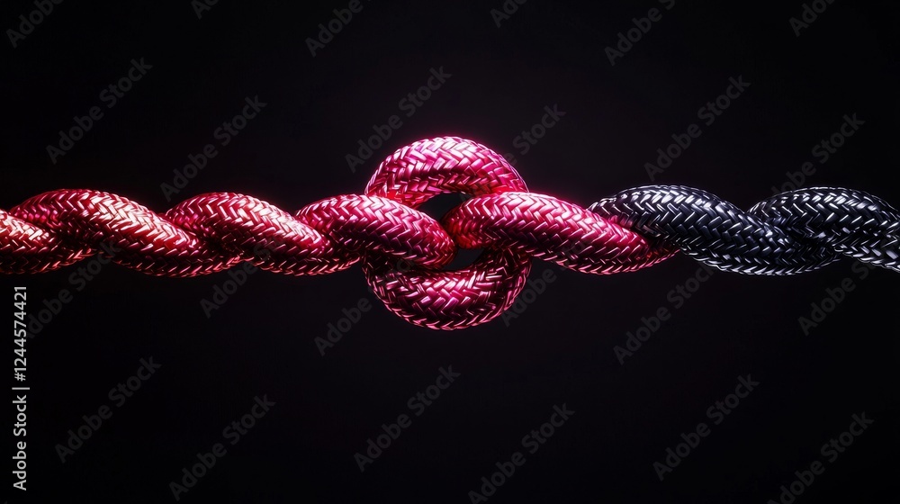 Artistic depiction of a central pink knot on a red rope, colorful strands radiating on a minimalist dark surface, unity and resilience Artistic depiction of a central pink knot on a red rope, colorful strands radiating on a minimalist dark surface, unity and resilience