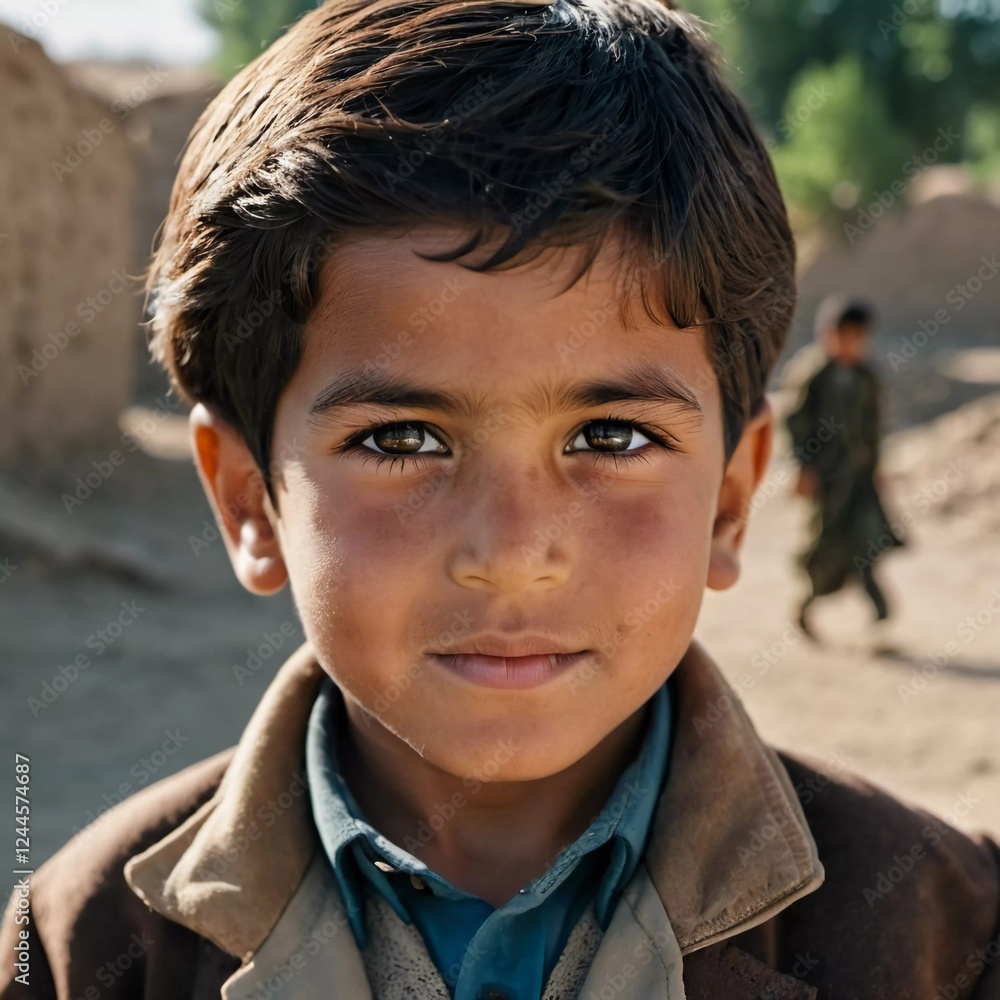 A young boy from Afghanistan gazes directly at the viewer with a calm demeanor, embodying the spirit of childhood amidst a simple rural background. Generative AI A young boy from Afghanistan gazes directly at the viewer with a calm demeanor, embodying the spirit of childhood amidst a simple rural background. Generative AI