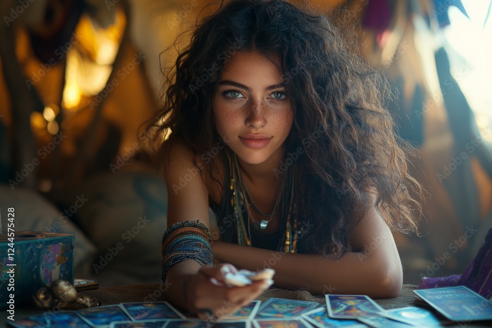 Fototapeta premium Young woman engaged in tarot reading in a mystical tent surrounded by vibrant colors and intriguing decor