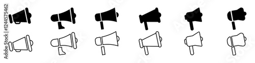 Loudspeaker icon set. Set of simple megaphone line icons.  Bullhorn line sign. Speak loudhailer icon. Voice sound speech.
Vector illustration