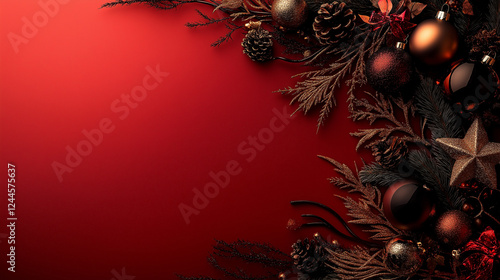 A text box is embellished on one side of a brown background with a red background filled with colorful balls, branches, and bows.