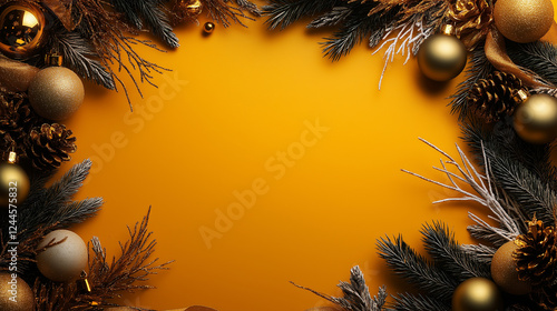 A text box is ornamented on the center of a brown background with a yellow background filled with colorful balls, branches, and bows.