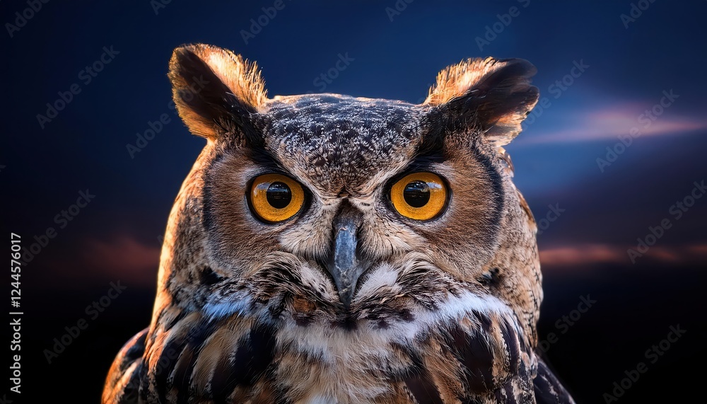 Striking Great Horned Owl in the Night Majestic Nocturnal Beauty Perched on a SnowCovered Branch, Illuminated by the Moonlights Soft Glow, in a Winter Wonderland. Striking Great Horned Owl in the Night Majestic Nocturnal Beauty Perched on a SnowCovered Branch, Illuminated by the Moonlights Soft Glow, in a Winter Wonderland.