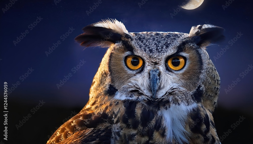 Fototapeta premium Majestic Great Horned Owl Roosting Amidst the Moonlit Forest, Captured in a Moment of Enigmatic Serenity