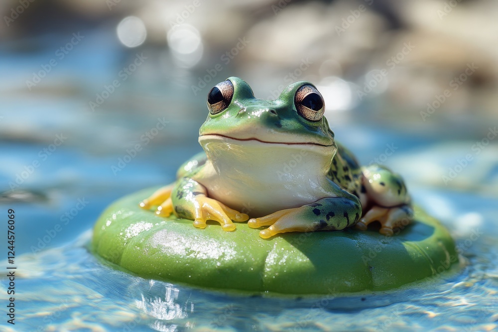 Frog resting peacefully on a lily pad in a tranquil pond during a sunny day Frog resting peacefully on a lily pad in a tranquil pond during a sunny day