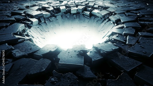 A surreal depiction of fractured ceramic tiles circling a glowing white hole, light bursting in chaotic patterns, neon art style, vibrant highlights, dynamic composition