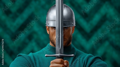 A medieval knight in a silver helmet brandishes a sword, showcasing strength against a textured background photo