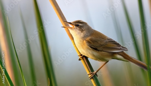 Vibrant Great Reed Warbler Singing on a Delicate Hairgrass Stem in a Tranquil Wetland Scene, Showcasing Natures Colors and Textures at Dawn photo