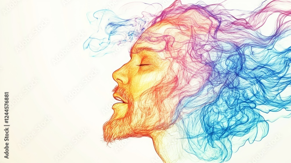 Abstract portrait of a man, his face and hair rendered in colorful, flowing lines, creating a dreamy and ethereal mood. Abstract portrait of a man, his face and hair rendered in colorful, flowing lines, creating a dreamy and ethereal mood.