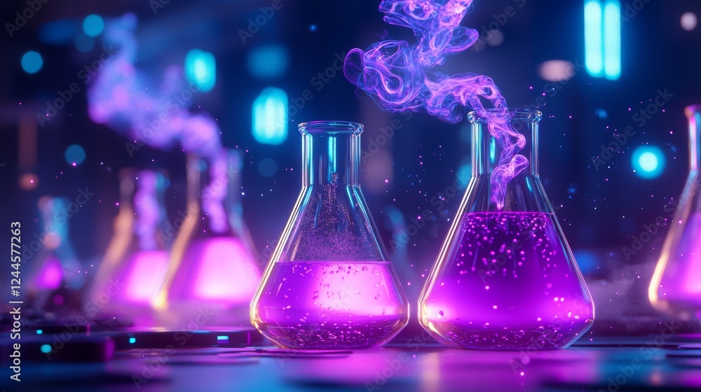A vibrant chemistry lab with glowing colorful flasks, liquid reactions creating iridescent smoke swirls, neon lighting, futuristic sci-fi style, highly detailed A vibrant chemistry lab with glowing colorful flasks, liquid reactions creating iridescent smoke swirls, neon lighting, futuristic sci-fi style, highly detailed