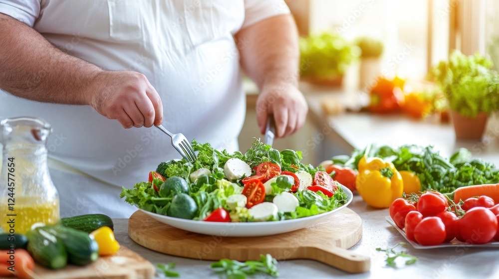 A person with a larger body preparing a fresh vegetable salad in a bright kitchen, promoting healthy eating and balanced nutrition A person with a larger body preparing a fresh vegetable salad in a bright kitchen, promoting healthy eating and balanced nutrition