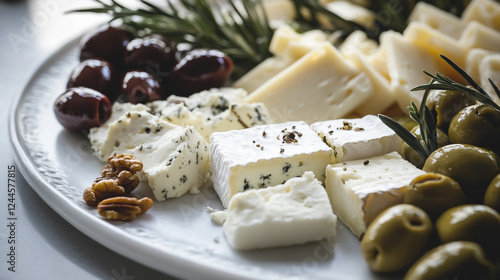 Gourmet cheese platter featuring assorted artisanal cheeses, fresh blackberries, and rosemary sprigs, elegantly arranged on a rustic wooden board