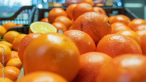 Bild auf Leinwand Fresh oranges are beautifully arranged on a bustling market stall, with some fruits in sharp focus while others softly blur in the background, creating a vibrant and inviting atmosphere