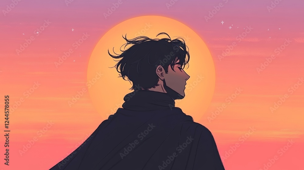 Silhouette of a young man, gazing at a vibrant sunset. Warm colors and calm mood. Silhouette of a young man, gazing at a vibrant sunset. Warm colors and calm mood.