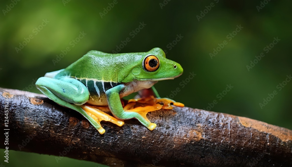 Vivid GreenEyed Frog Boophis Viridis Amidst Lush Greenery in Madagascars Rainforest A Striking Specimen from the Mantellidae Family, Captured at Dawn. Vivid GreenEyed Frog Boophis Viridis Amidst Lush Greenery in Madagascars Rainforest A Striking Specimen from the Mantellidae Family, Captured at Dawn.