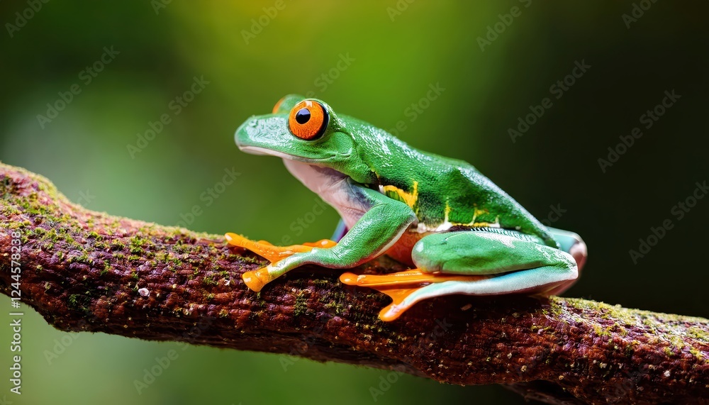 Naklejka premium Vibrant GreenEyed Frog Boophis Viridis Amidst Tropical Rainforest Greenery, Showcasing Striking Coloration and Intricate Patterns of the Endemic Mantellidae Species