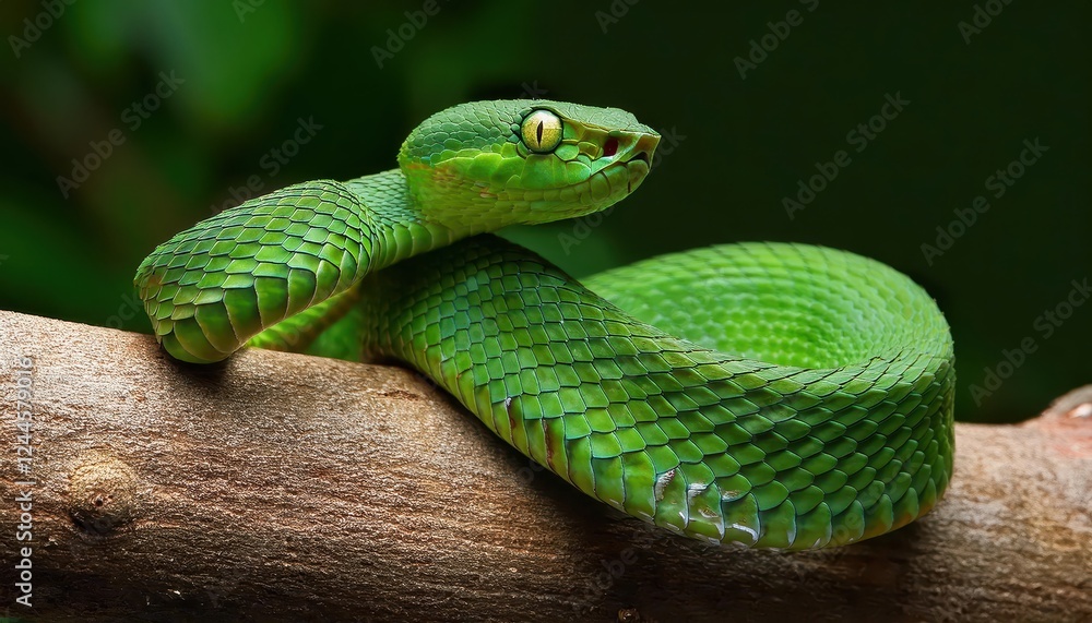 Vibrant and Venomous Closeup of a Green Pitviper, Trimeresurus albolabris, Captured in the Wild, Highlighting Striking Colors and Intricate Patterns Vibrant and Venomous Closeup of a Green Pitviper, Trimeresurus albolabris, Captured in the Wild, Highlighting Striking Colors and Intricate Patterns