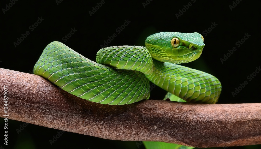 Obraz premium Striking Green Pitviper, Trimeresurus albolabris, Captured in a Tropical Rainforest Jungle at Dusk, Showcasing the Reptiles Vivid Colors and Camouflage Patterns