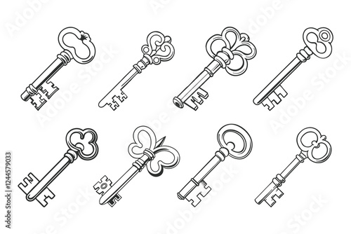 Set of vintage keys icons with ornament isolated on white background. Hand drawn illustration. Sketch