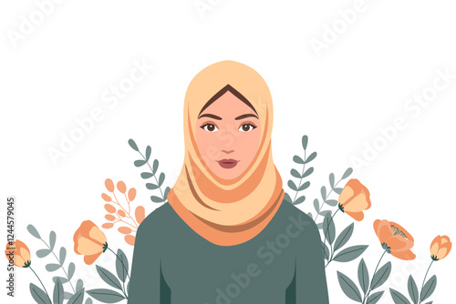 Young muslim woman in hijab on floral background. Flat style illustration.