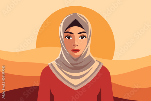 Young muslim woman in hijab at sunset in the desert. Flat style illustration.