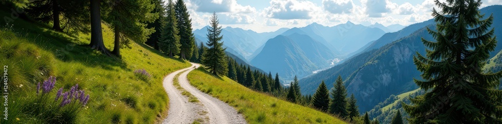 Fototapeta premium Curving track amidst towering trees and distant peaks , day, trail