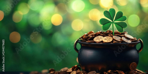 Pot of gold coins with shamrock for St. Patrick's Day
 photo