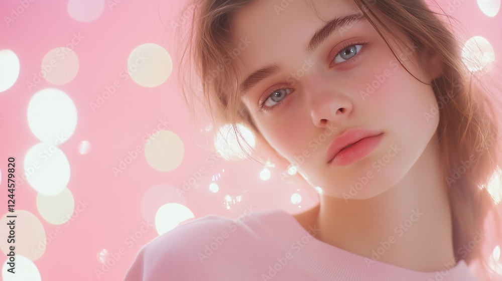 Dreamy Gaze: A captivating portrait of a young woman with piercing blue eyes, her ethereal beauty accentuated by the soft pink glow of the background lights. Dreamy Gaze: A captivating portrait of a young woman with piercing blue eyes, her ethereal beauty accentuated by the soft pink glow of the background lights.