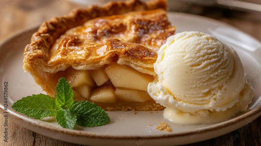 Golden brown apple pie with a flaky crust served with a scoop of vanilla ice cream, beautifully presented on a rustic dessert plate Golden brown apple pie with a flaky crust served with a scoop of vanilla ice cream, beautifully presented on a rustic dessert plate