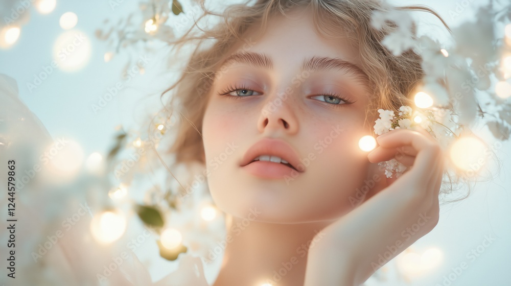 Fototapeta premium Enchanted Beauty: A dreamy portrait of a young woman with blonde hair adorned with delicate white blossoms and fairy lights, creating a magical and ethereal ambiance. 