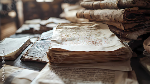 Exploring ancient textures of historical manuscripts museum exhibit artifacts collection indoor setting close-up view cultural heritage. Ancient Textures. Illustration