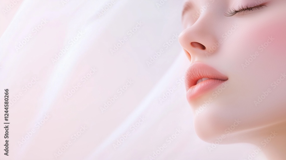 Naklejka premium Serene Beauty: Close-up profile of a woman's face, showcasing soft, flawless skin and delicate features. A veil adds a touch of elegance and mystery, creating a dreamy atmosphere. 