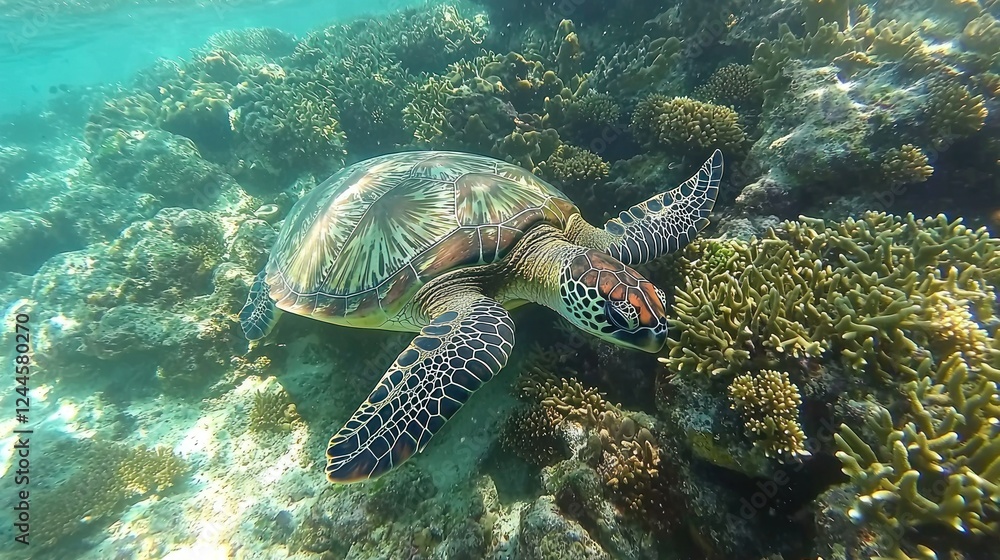 Naklejka premium Sea Turtle Swimming Amongst Vibrant Coral Reef