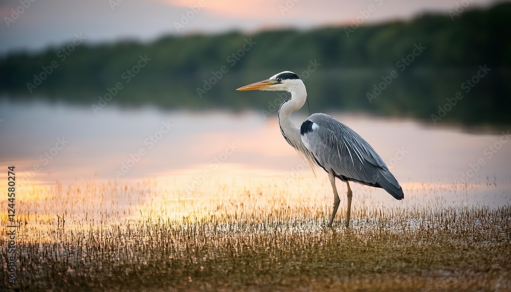 Majestic Grey Heron in Serene Pulicat Lake, Crowned by the Sunrises Warm Glow, Reflecting a Tranquil and Peaceful Morning Scene Majestic Grey Heron in Serene Pulicat Lake, Crowned by the Sunrises Warm Glow, Reflecting a Tranquil and Peaceful Morning Scene
