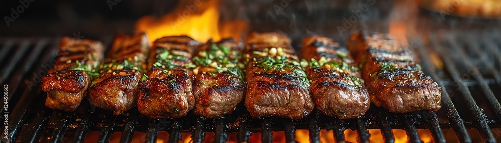 Grilling juicy steaks backyard bbq food photography fire-lit evening close-up culinary delights Grilling juicy steaks backyard bbq food photography fire-lit evening close-up culinary delights